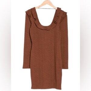 NWOT 19 COOPER Ruffle Long Sleeve Knit Dress In Brown SZ S
